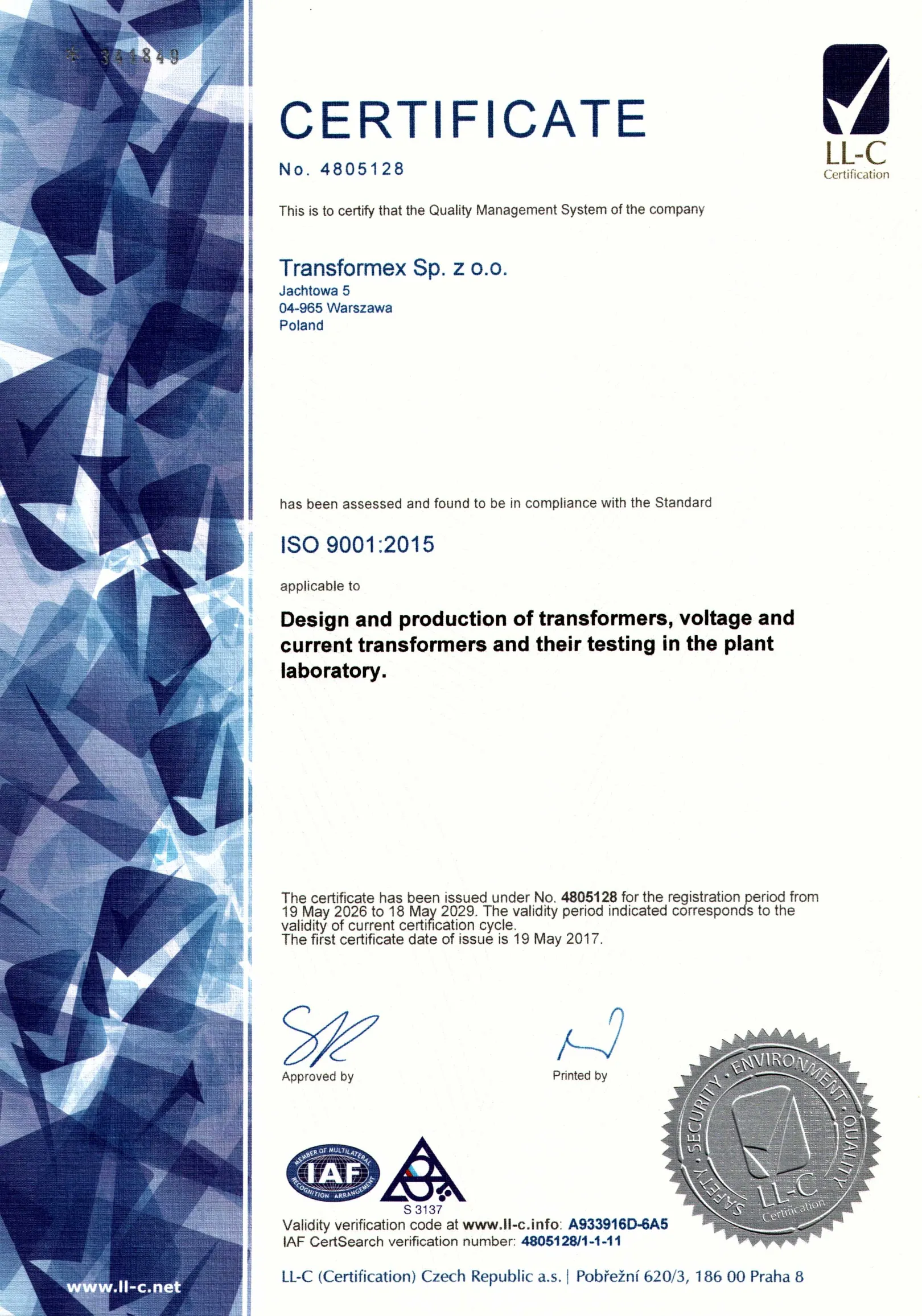Certificate no. 4805128